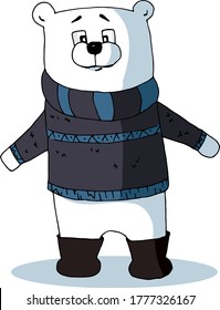 Cute animal a polar bear in a sweater and boots, is ready to hug, cartoon hand drawn vector illustration. Can be used for t-shirt print, kids wear fashion design, baby shower invitation card