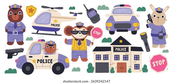 Cute animal police officers squad cartoon characters wearing uniform keeping street order, catching criminals and special transport, police-station building childish design vector illustration