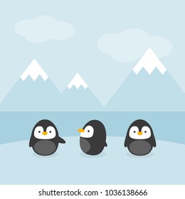 cute animal portrait in flat vector illustration design, penguin on ice with blue ocean sky cloud and ice peak mountain in winter