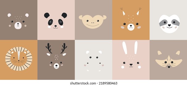Cute animal portraits  Cartoon bear  panda  monkey  squirrel  sloth  lion  deer  hippo  hare  raccoon  Funny faces vector  Nursery design  Baby print  Boho style 