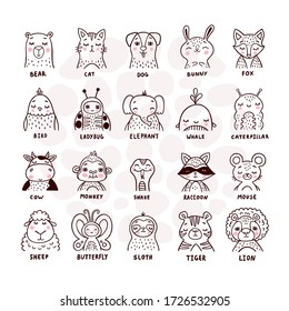 Cute Animal Portraits Icons Set Faces Stock Vector (Royalty Free ...