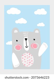 Cute animal poster. Hand drawn polar bear smiles and waves its paw. Kind fluffy character. Design element for children clothing and wall decoration in nursery room. Cartoon flat vector illustration