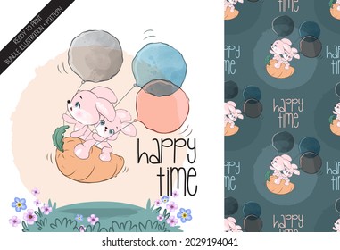 Cute animal pretty baby bunny with bird seamless pattern: can be used for cards, invitations, baby shower, posters; with white isolated background
