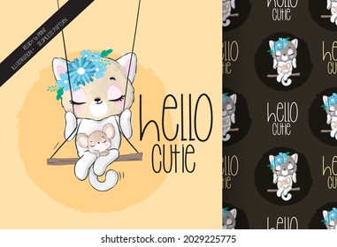 Cute Animal Pretty Kitten Happy On The Swing Seamless Pattern: Can Be Used For Cards, Invitations, Baby Shower, Posters; With White Isolated Background
 