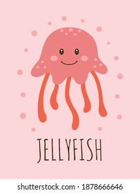 cute animal print, card with cartoon jellyfish, design in colorful baby style, vector illustration