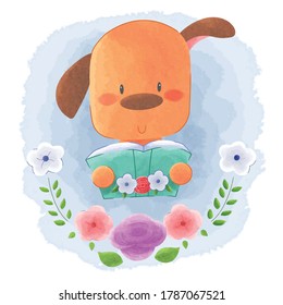 Cute Animal Puppy Dog Reading Book With Flower Frame Watercolor Background. Suitable For Nursery Art, Baby Shower, Wall Decor, Prints, Wallpaper, Children Kids Book, Invitation and Greeting Cards.