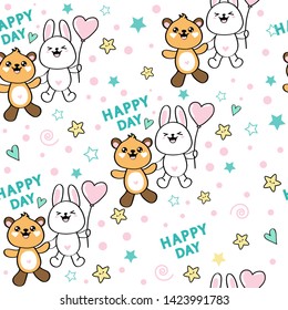 Cute animal rabbit and bear in a kawaii style balloon on a white background seamless pattern