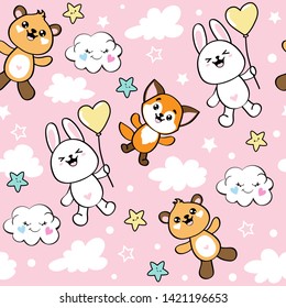 Cute animal rabbit, fox and bear in a kawaii style balloon on a pink background seamless pattern