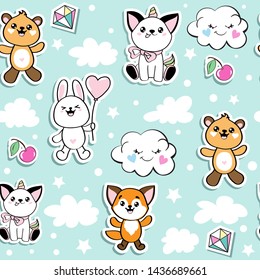 Cute animal rabbit, fox and bear in a kawaii style seamless pattern on a blue background