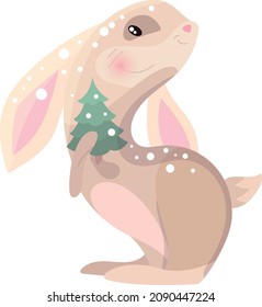 Cute animal rabbit with green fir tree. Christmas festive illustration. Funny character isolated on white background. Winter illustration for children and adults.