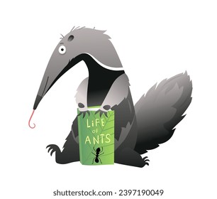 Cute animal reading a book. Anteater reads a book about ants, cartoon for children education. Funny library character for kids. Vector hand drawn clip art illustration in watercolor style.