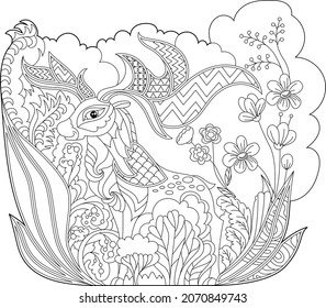 Cute animal reindeer. Doodle style, black and white background. Funny animal, coloring book pages. Hand drawn illustration in zentangle style for children and adults, tattoo.