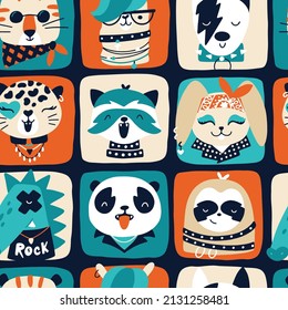 Cute animal retro rock stars seamless pattern. Hand drawn colorful doodle cartoon characters in rock clothes and accessories, with hair and makeup. Ideal for baby textiles, wallpapers, wrapping