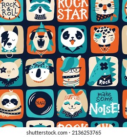Cute animal retro rock stars seamless pattern. Hand drawn colorful doodle cartoon characters in rock clothes and accessories, with hair and makeup. Ideal for baby textiles, wallpapers, wrapping