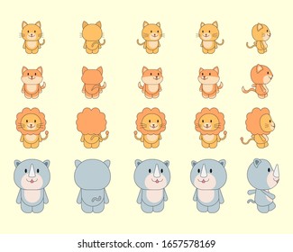 cute animal rhino lion fox cat. adorable animal character. front, back, side view.