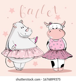 Cute animal rhinoceros and cow ballerina, lettering ballet, cartoon hand drawn vector illustration. Can be used for t-shirt print, kids wear fashion design, baby shower invitation card