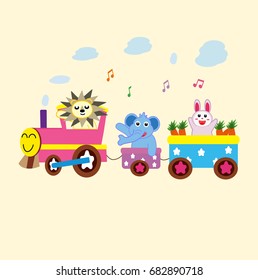 cute animal ride train. vector cartoon illustration for shirt design, wallpaper, book cover