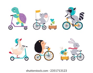 Cute Animal Riding Bicycle and Scooter Vector Illustration Set