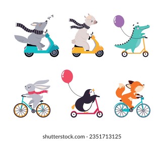 Cute Animal Riding Bicycle and Scooter Vector Illustration Set