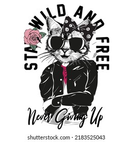 Cute animal rock and slogan. Rock cat cute. Vector rock
