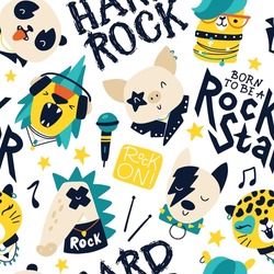 Cute Animal Rock Star Seamless Pattern With Graffiti Lettering. Hand Drawn Colorful Doodle Cartoon Characters In Rock Accessories. Ideal For Baby Clothes, Textiles, Wallpaper, Wrapping Paper