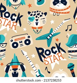 Cute animal rock star seamless pattern with lettering. Hand drawn colorful doodle cartoon characters in rock accessories, musical instruments. Ideal for baby textiles, wallpaper, wrapping paper