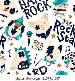 Cute animal rock star seamless pattern with graffiti lettering. Hand drawn colorful doodle cartoon characters in rock accessories. Ideal for baby clothes, textiles, wallpaper, wrapping paper