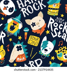 Cute animal rock star seamless pattern with graffiti lettering. Hand drawn colorful doodle cartoon characters in rock accessories. Ideal for baby clothes, textiles, wallpaper, wrapping paper