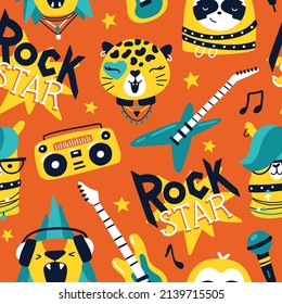 Cute animal rock star seamless pattern with lettering. Hand drawn colorful doodle cartoon characters in rock accessories, musical instruments. Ideal for baby textiles, wallpaper, wrapping paper