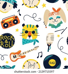 Estrella de rock animal suave con letras. Dibujaron a mano personajes de dibujos animados de doodle coloridos en accesorios de rock, instrumentos musicales. Ideal para textiles para bebés, papel de pared, papel de envoltura