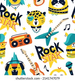 Cute animal rock star seamless pattern with lettering. Hand drawn colorful doodle cartoon characters in rock accessories, musical instruments. Ideal for baby textiles, wallpaper, wrapping paper