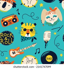 Cute animal rock star seamless pattern with lettering. Hand drawn colorful doodle cartoon characters in rock accessories, musical instruments. Ideal for baby textiles, wallpaper, wrapping paper