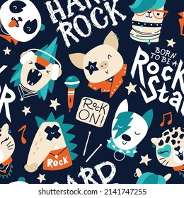 Cute animal rock star seamless pattern with graffiti lettering. Hand drawn colorful doodle cartoon characters in rock accessories. Ideal for baby clothes, textiles, wallpaper, wrapping paper