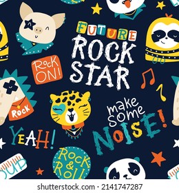 Cute animal rock star seamless pattern with graffiti lettering. Hand drawn colorful doodle cartoon characters in rock accessories. Ideal for baby clothes, textiles, wallpaper, wrapping paper