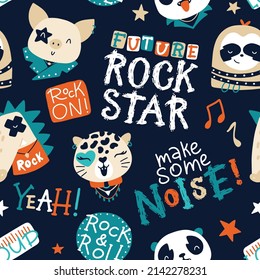 Cute animal rock star seamless pattern with graffiti lettering. Hand drawn colorful doodle cartoon characters in rock accessories. Ideal for baby clothes, textiles, wallpaper, wrapping paper