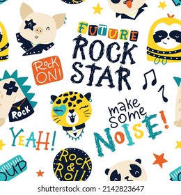 Cute Animal Rock Star Seamless Pattern With Graffiti Lettering. Hand Drawn Colorful Doodle Cartoon Characters In Rock Accessories. Ideal For Baby Clothes, Textiles, Wallpaper, Wrapping Paper