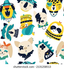 Cute animal rock stars seamless pattern. Hand drawn colorful doodle cartoon characters in rock clothes and accessories, with hair and makeup. Ideal for baby textiles, wallpaper, wrapping paper