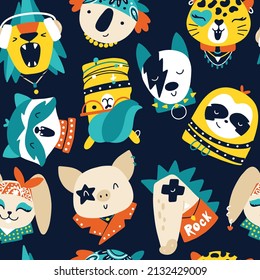 Cute animal rock stars seamless pattern. Hand drawn colorful doodle cartoon characters in rock clothes and accessories, with hair and makeup. Ideal for baby textiles, wallpaper, wrapping paper