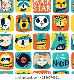 Cute animal rock stars seamless pattern. Hand drawn colorful doodle cartoon characters in rock clothes and accessories, with hair and makeup. Ideal for baby textiles, wallpaper, wrapping paper