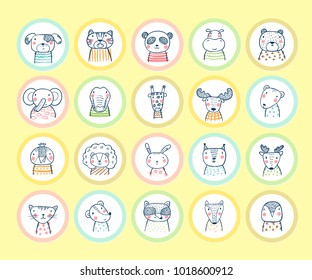 Cute Animal Round Stickers Set. Hand drawn Doodle Cartoon Funny Wild Animals, Pets and Birds labels. Vector Circle Tags