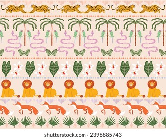  Cute Animal in safari forest Horizontal stripe pattern design as vector Design for Kids , baby fashion , fabric, textile, wallpaper , wrapping and all prints 