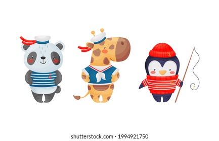 Cute Animal Sailor Character Wearing Striped Vest and Peakless Hat Vector Set svg