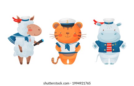 Cute Animal Sailor Character Wearing Striped Vest and Peakless Hat Vector Set svg