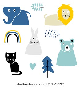 Cute animal scandinavian drawing set elements. Vector illustration, Good for baby's shirt design, fashion design. Funny baby elephant, lion, cats, rabbit, and bear.