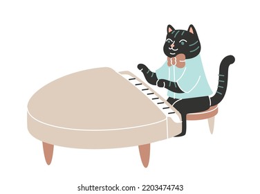 Cute animal in Scandinavian style. Sticker with fluffy cat playing piano. Kitten musician. Design element for wallpaper in children room. Cartoon flat vector illustration isolated on white background