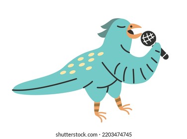 Geräumiges Tier im skandinavischen Stil. Aufkleber mit exotischen Papagei mit Mikrofon. Der Vogel singt Lied. Design-Element für Babytextilien. Cartoon-FlachVektorgrafik einzeln auf weißem Hintergrund