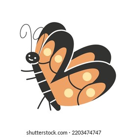 Cute animal in Scandinavian style. Sticker with dancing butterfly. Insect with wings. Design element for printing on clothes for children. Cartoon flat vector illustration isolated on white background