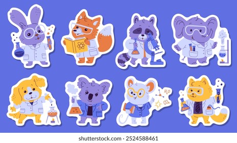 Cute animal scientist vector stickers set. Cartoon hare, cat, elephant and koala holds lab tubes of chemicals. Racoon with microscope, fox and mouse with a book. Animal doctor laboratory characters