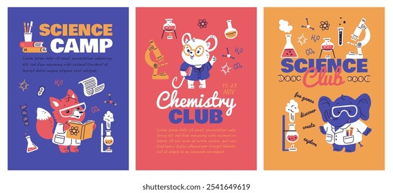 Cute animal scientists. Fox, mouse, elephant. Chemistry. Scientists in safety glasses, laboratory robes with flasks, books. Chemical research. Set of vertical posters with text. Vector illustration.