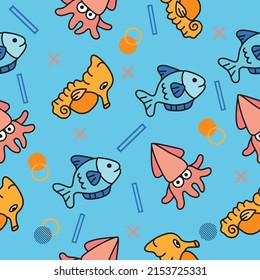 Cute Animal Sea Horse Fish and Squid Seamless Pattern doodle for Kids and baby